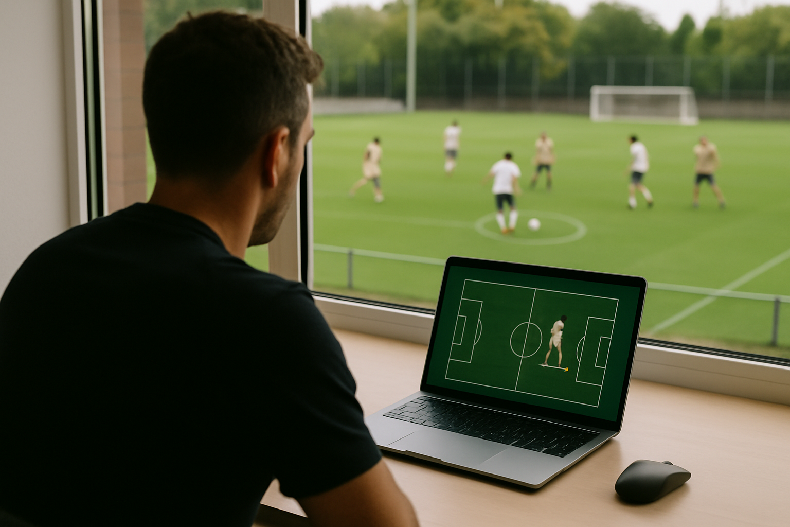 Um homem observa jogadores treinando pela janela, ao lado de um notebook com um desenho de campo e uma seta amarela.