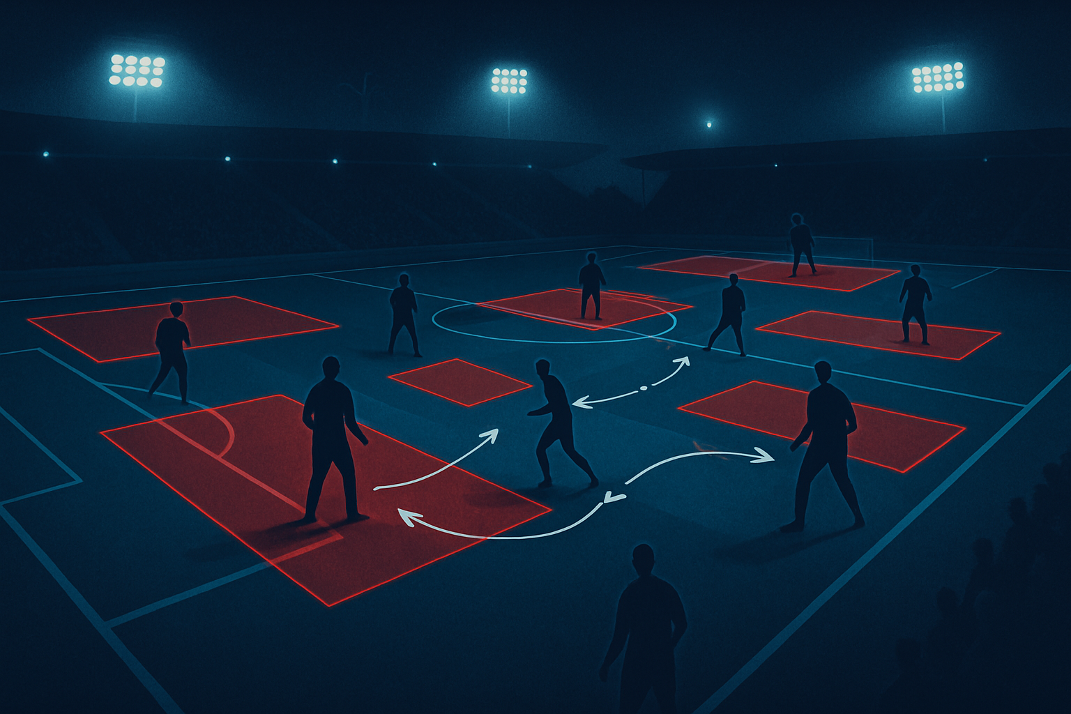 Lapangan sepak bola konseptual bernuansa biru, dengan siluet pemain, zona taktis merah, dan panah pergerakan untuk analisis Chelsea.